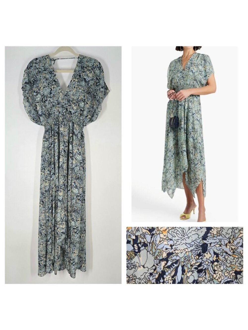 Maje Rachelli Blue Floral Crepe Midi Dress Women's Size EU 38 US Medium FLAWED